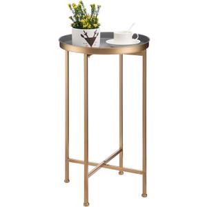 HollyHOME Small Round Metal Waterproof End Table, Accent Indoor&Outdoor Coffee Side Table, Snack Sofa Table for Living Room, Anti-Rust Decorative Plant Stand, (D) 14.5" x (H) 25", Gold/Grey