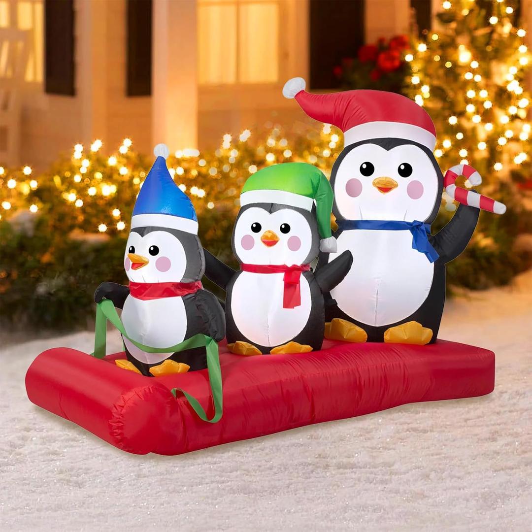 5.1 FT Christmas Inflatables Penguin Family On Sled Scene, Blow up Penguin Decoration Built-in 5 LED, Penguin Sleigh for Christmas Decorations Outdoor Indoor Party Gifts