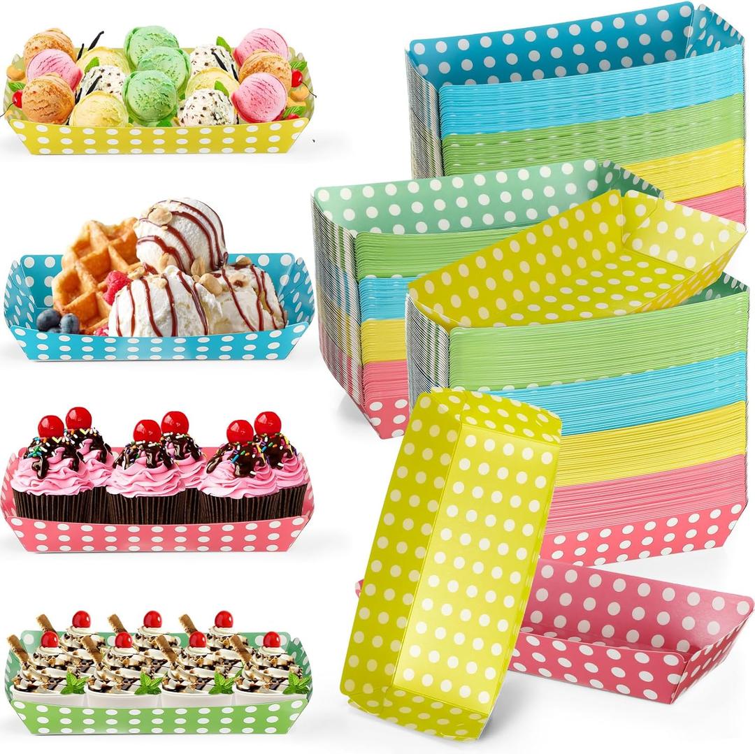 8oz Paper Banana Split Boats Durable Paper Food Boat Trays Disposable Ice Cream Sundae Dishware Bowl Colorful Boats Plate for Party Serving Snack Candy Salad (Dot Style,100 Pack)