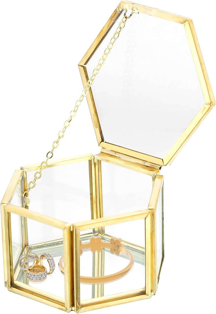 NATGAI Vintage Glass Jewelry Box with Lid, Golden Geometric Ring Display Holder Box, Wedding Ring Box for Necklace, Earrings, Home Decor Gift for Women (3.1 x 1.4 x 1.8 inch)