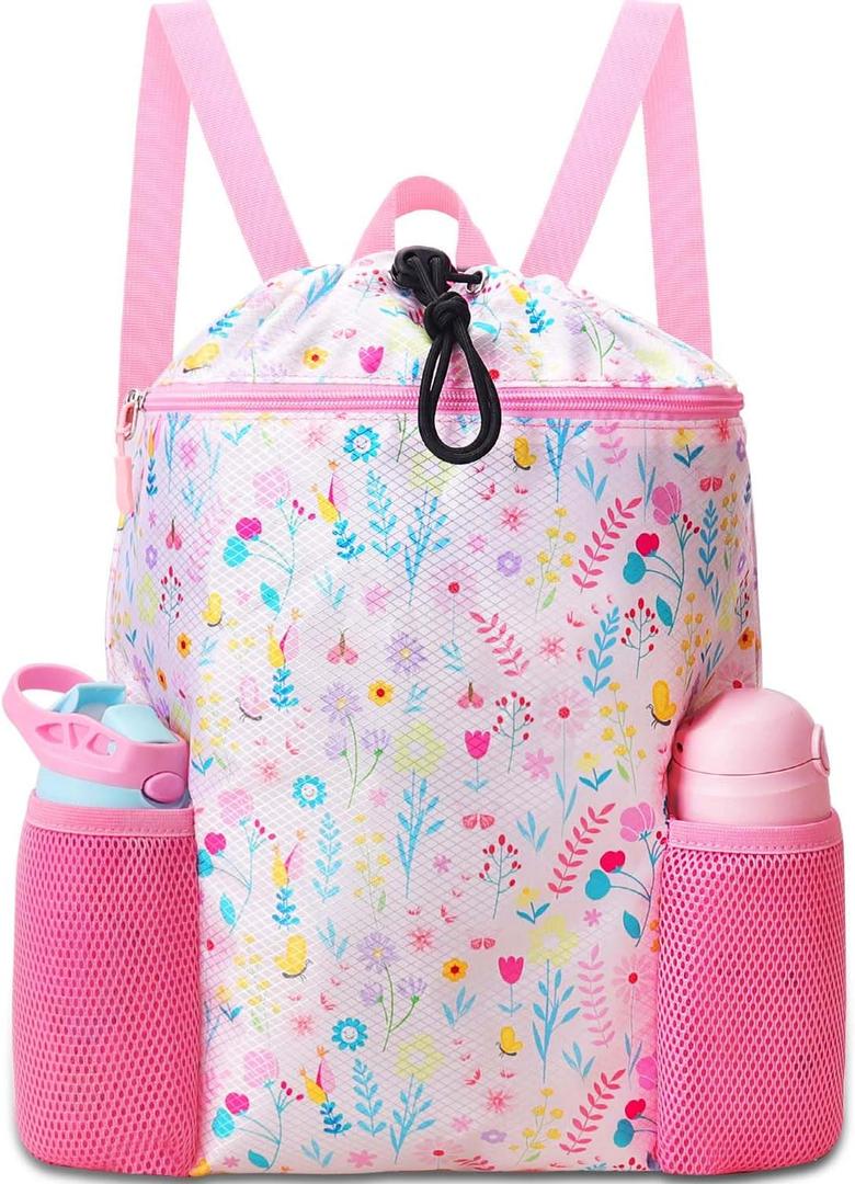 RHCPFOVR Drawstring Backpack for Kids - Swim Bags for Girls Beach Swimming Pool Lightweight Draw String Bags Waterproof Sports Gym Bag With Two Water Bottle Holder (Leaf & Flower)
