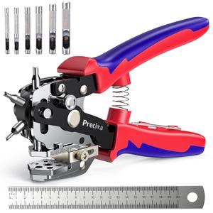 Preciva Hole Punch Plier, Revolving Punch Hole Tool with V-Shaped Cutting Edge Design, 6 Hole Sizes Used for Leather, Belts, Thin Iron Sheets, Paper Cards, Plastics, & Fabrics (Red)
