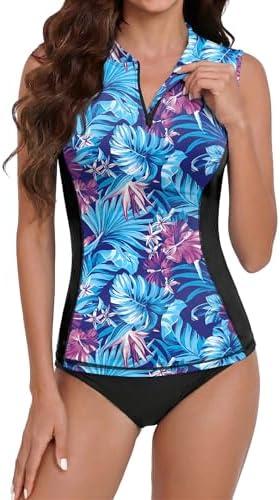 BesserBay Women's Built-in Bra Rash Guard UPF 50+ Sleeveless Zip Front Swim Tankini Top, M