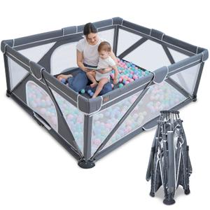 Yobear Foldable Baby Playpen (71"x59") - Portable Play Yard for Babies and Toddlers with 50 Ocean Balls, 2 Pull Handles & Carry Bag - Easy Setup Safe Indoor Outdoor Kids Activity Center (Dark Grey)