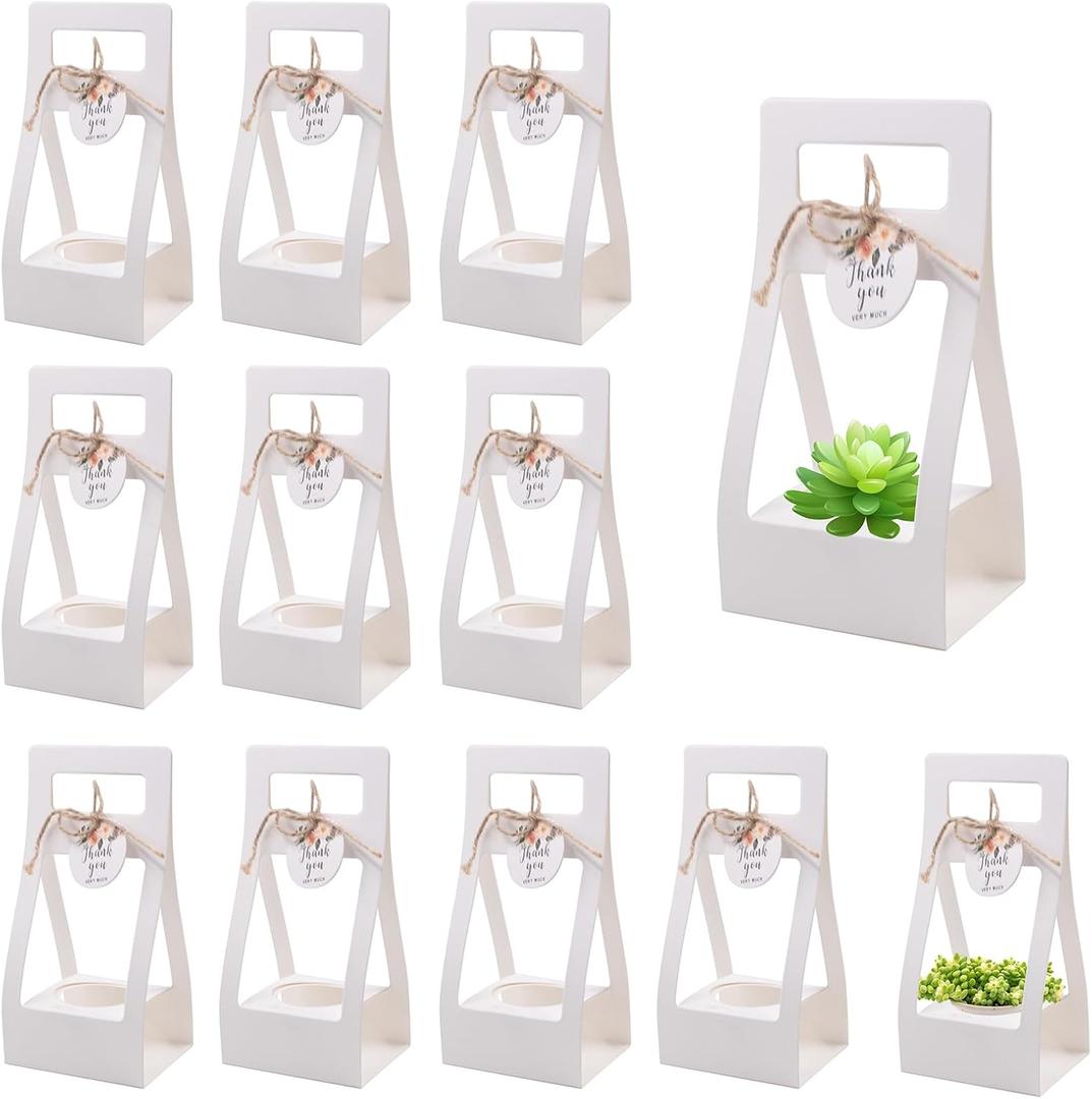 25 PCS Succulent Wrap Bags with Thank You Cards, Mini White Kraft Paper Gift Box with Handles, Succulent Plants Holder for Wedding, Baby Shower, Succulent Plants Party Favors, Fits 2.17'' Pots