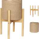 Plant Basket with Stand, Indoor Round Wicker Basket Plant with Bamboo Wood Stand, Decorative Woven Rope Flower Indoor Planter with Legs, Boho Bamboo Wood Planter Holder (Jute)