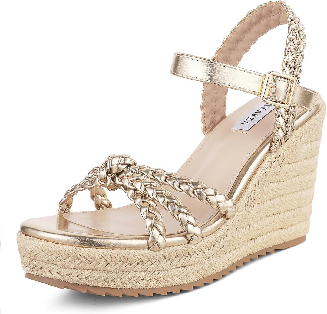 mikarka Espadrille Wedge Sandals for Women Braided Knot Ankle Strap Open Toe Platform Sandals (8.5, 3.78" Summer Wedges/Gold)