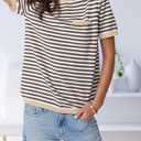 LilyCoco Women's Striped Shirt Short Sleeve Color Block Tops Crewneck Summer T Shirt Black and Brown Medium