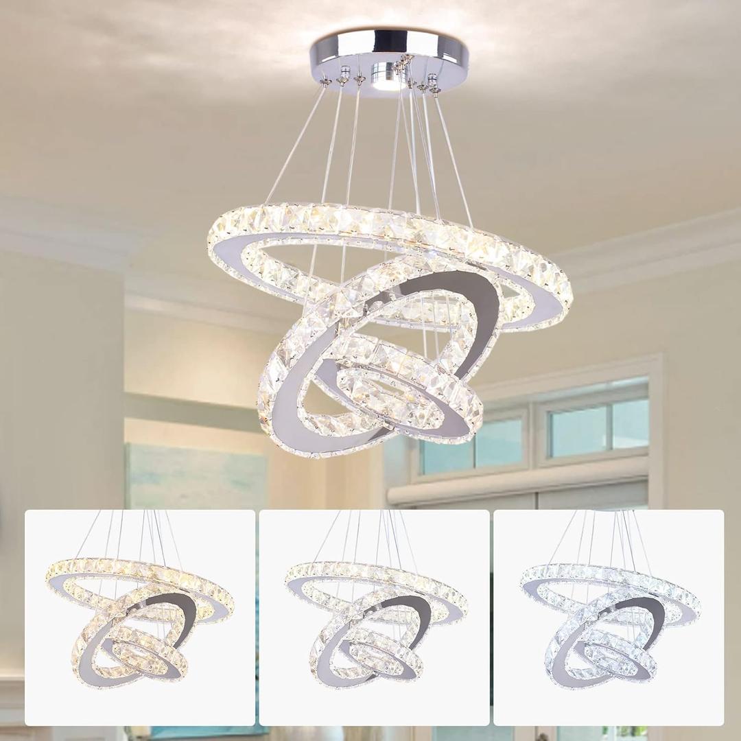 Modern Crystal Chandeliers LED Chandelier Fixtures 3 Rings Round DIY Pendant Lighting Stainless Steel Adjustable Chandelier Ceiling Light for Dining Room Bedroom Living Room (3 Colors)