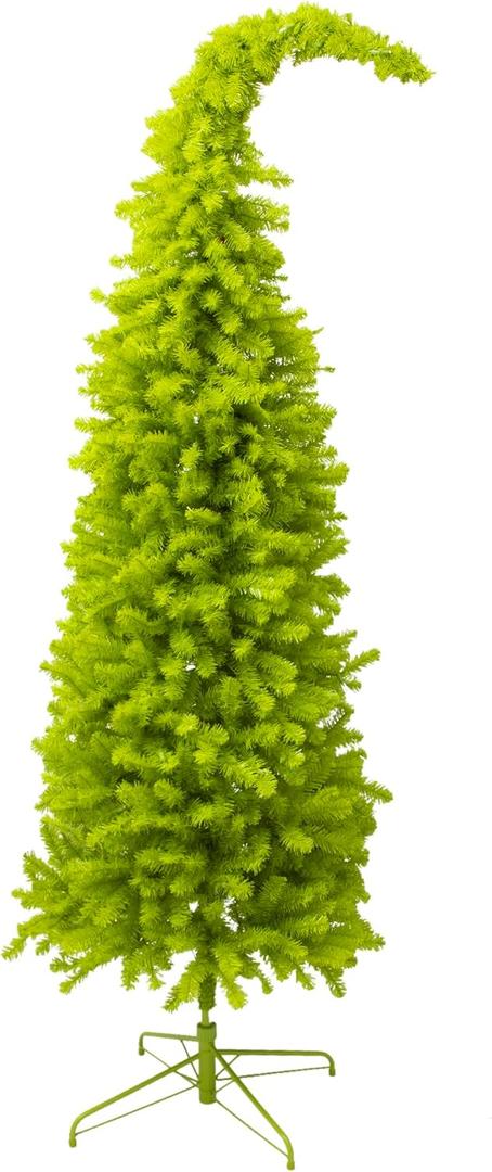 Hobby Lobby Whimsical 7.5 Feet Artificial Christmas Tree, 4-Section Lime Green, Hinged Branches, Drooping Top, Metal Stand, 1,339 Tips