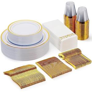 Goodluck 175 Piece Gold Dinnerware Set for 25 Guests, Plastic Plates Disposable for Party, Include: 25 Gold Rim Dinner Plates, 25 Dessert Plates, 25 Paper Napkins, 25 Cups, 25 Gold Silverware Set