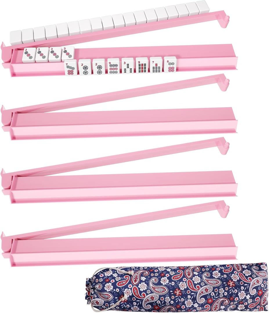 Mahjong Racks with Pushers Set of 4, All in One Acrylic Mahjong Pushers and Racks, Portable American Mahjong Accessories，Pink