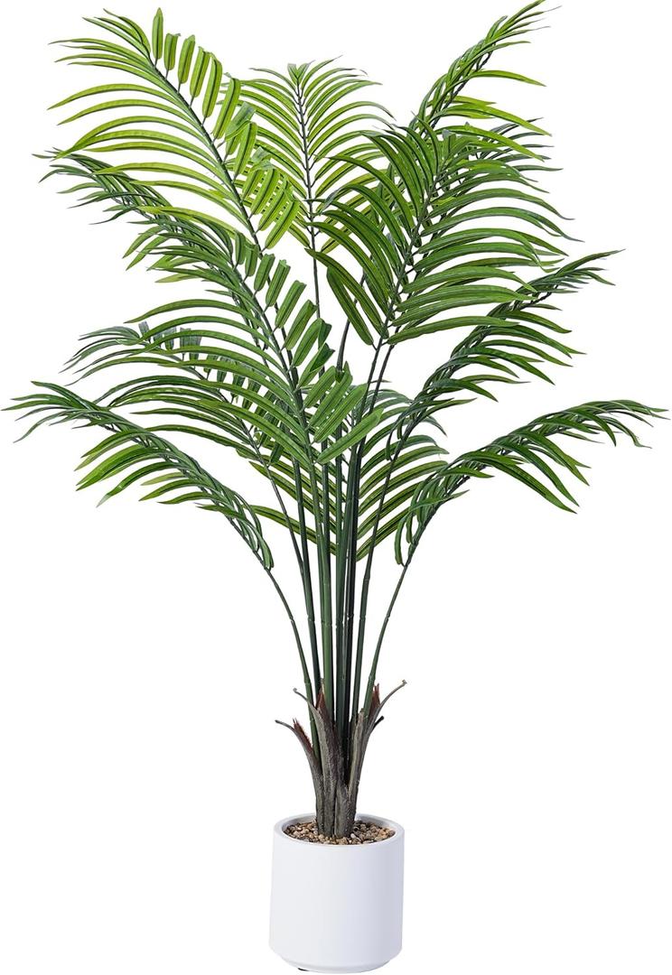 Artificial Areca Palm Tree 4FT Fake Potted Plant Faux Silk Tropical Areca Palm with 12 Trunks & Real Bark Design, Large Aritificial Plant in White Pot for Home Living Room House Warmming Floor Decor