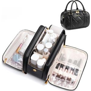 2 x Bagstellar Travel Makeup Bag, Large Capacity Quilted Toiletry Bag for Women Stand-up Cosmetic Bag Open Flat Make Up Case Organizer Portable Pouch Purse w/Handle for Traveling Accessories, Black