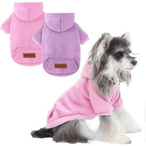 2 Pack Dog Hoodie Warm Hood Dog Sweater Cold Weather Small Dogs Sweatshirt Comfort Pet Clothes for Small Medium Dogs with Pockets Cats Chihuahua Clothes for Male Female Girl Boy Sporty Daily Wear (L (Back: 13.78", Chest: 18.9"), Pink+Purple)