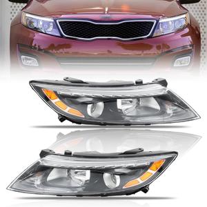 Upgraded Halogen Headlights Assembly for 2014 2015 Optima, [LED Daytime Running Light] Passenger & Driver Side Headlamp with Bulbs Clear Lens Black Housing Amber Reflector, 1 Pair
