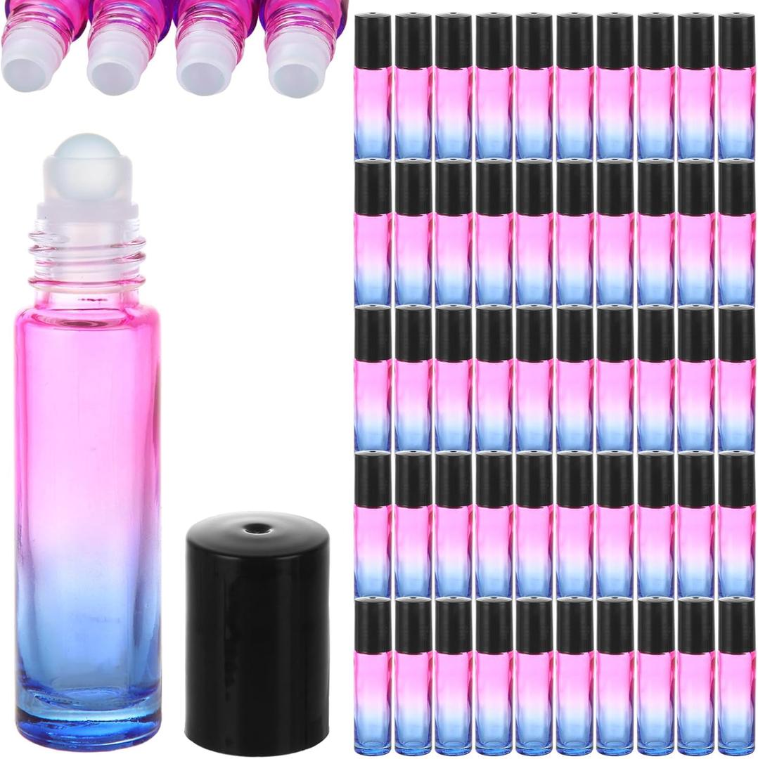 Acrux7 50 PCS 10ml Roller Bottles for Essential Oils, Gradient Color Glass Roll on Perfume Bottle Refillable Empty Perfume Roller Bottles with Stainless Steel Ball for Travel, Essential Oils