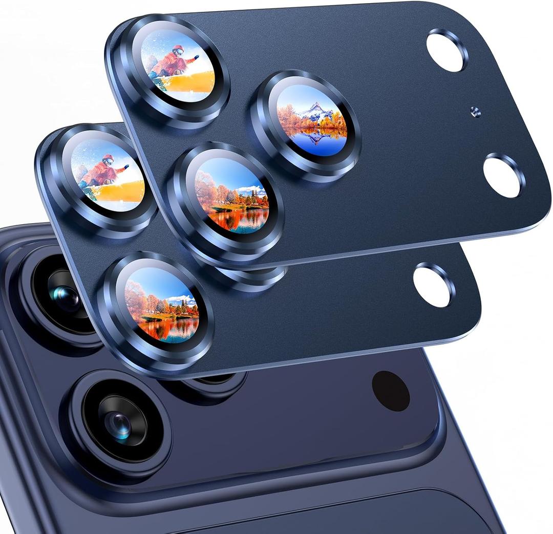 Uyiton Compatible with iPhone 17 Pro Camera Lens Protector - [Not Easy to Break][Strong Adsorption][Case-Friendly] Metal Tempered Glass Rear Camera Screen Cover - Deep Blue, 2 Packs