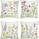 Bonhause Spring Floral Throw Pillow Covers 18 x 18 Inch Garden Flowers Birds Decorative Pillows Polyester Linen Outdoor Cushion Cases for Couch Sofa Bed Home Decor Set of 4
