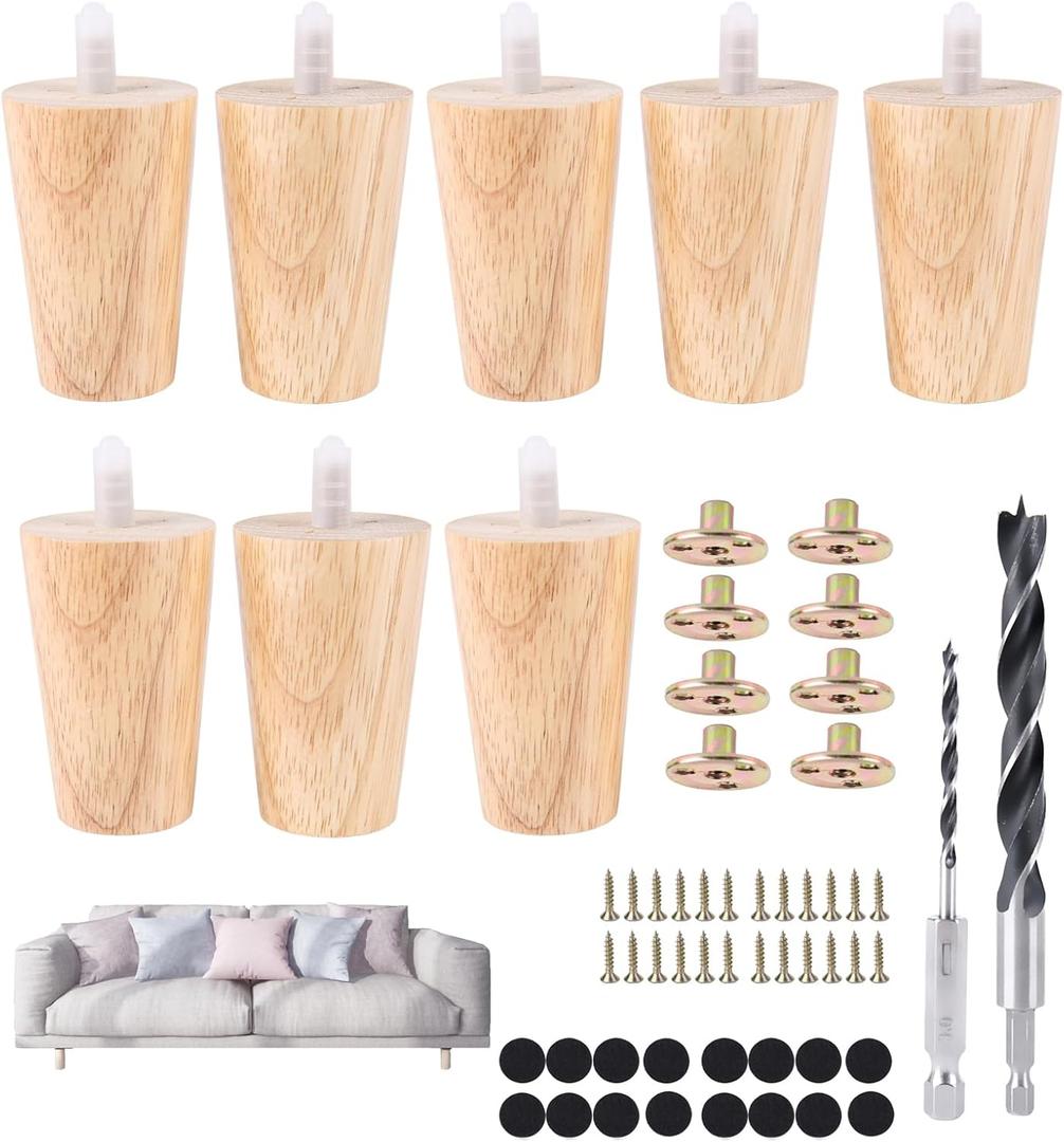 8 Pieces Furniture Couch Legs 3 Inch Round Solid Wood Sofa Legs Natural Wooden Couch Legs Replacement Legs for Armchair, Cabinet, Chair, Footstool, Mid Century Modern Dresser, Natural Wood