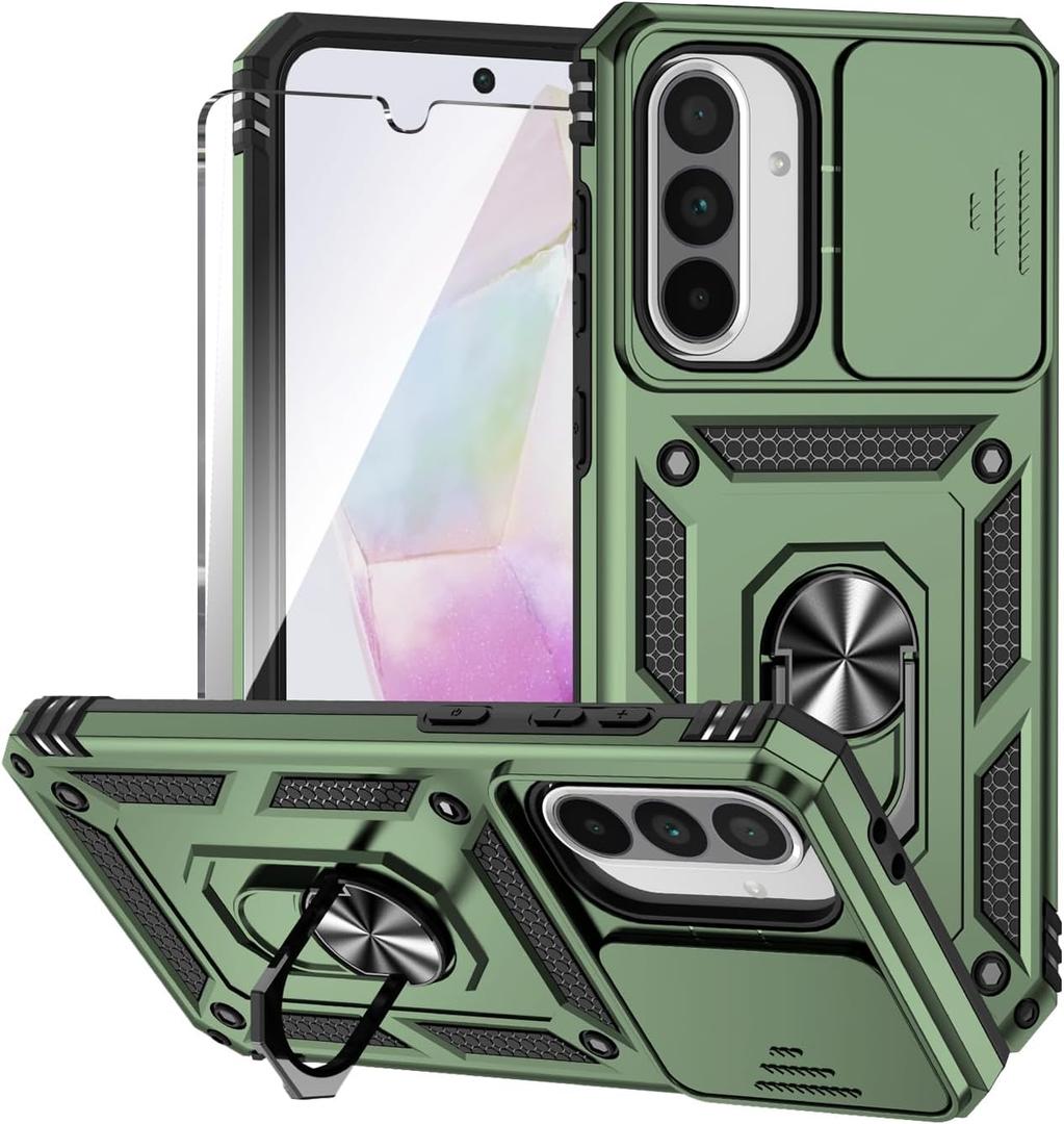 for Galaxy A36 5G Phone Case with Slide Camera Cover HD Screen Protector [Military Grade 16ft. Drop Tested] Magnetic Ring Kickstand Protective Phone Case for Samsung A36 5G (Olive Green)