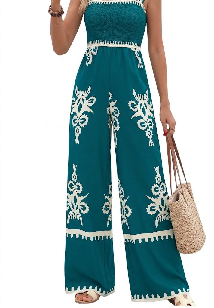 PRETTYGARDEN Women's Summer Boho Jumpsuits One Piece Beach Vacation Outfits Spaghetti Strap Wide Leg Pants Rompers Size S