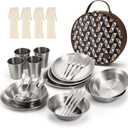 Odoland Stainless Steel Camping Mess Kit for Family & Person, Cooking Tableware Utensils with Plates Bowls Forks Spoons Knives & Savings Bag for Camping, Backpacking, Hiking, Picnic