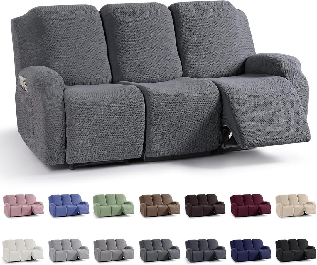 KinCam Recliner Sofa Covers, Stretch Reclining Couch Covers, Recliner Sofa Slipcovers Stripe Jacquard Recliner Couch Cover Furniture Protector Covers for Pet Kid (3 Seater, Dark Gray)
