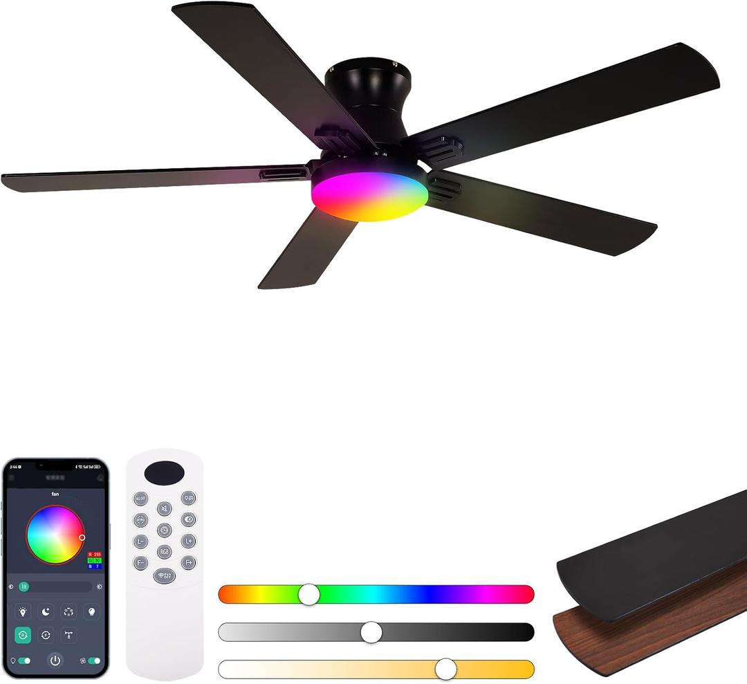 52 Inch Black Ceiling Fans with Lights, RGB Ceiling Fan with Remote and App,Flush Mount Low Profile, Dimmable 35W LED, Reversible, Smart Ceiling Fan for Bedroom Nursery Living Room Apartment