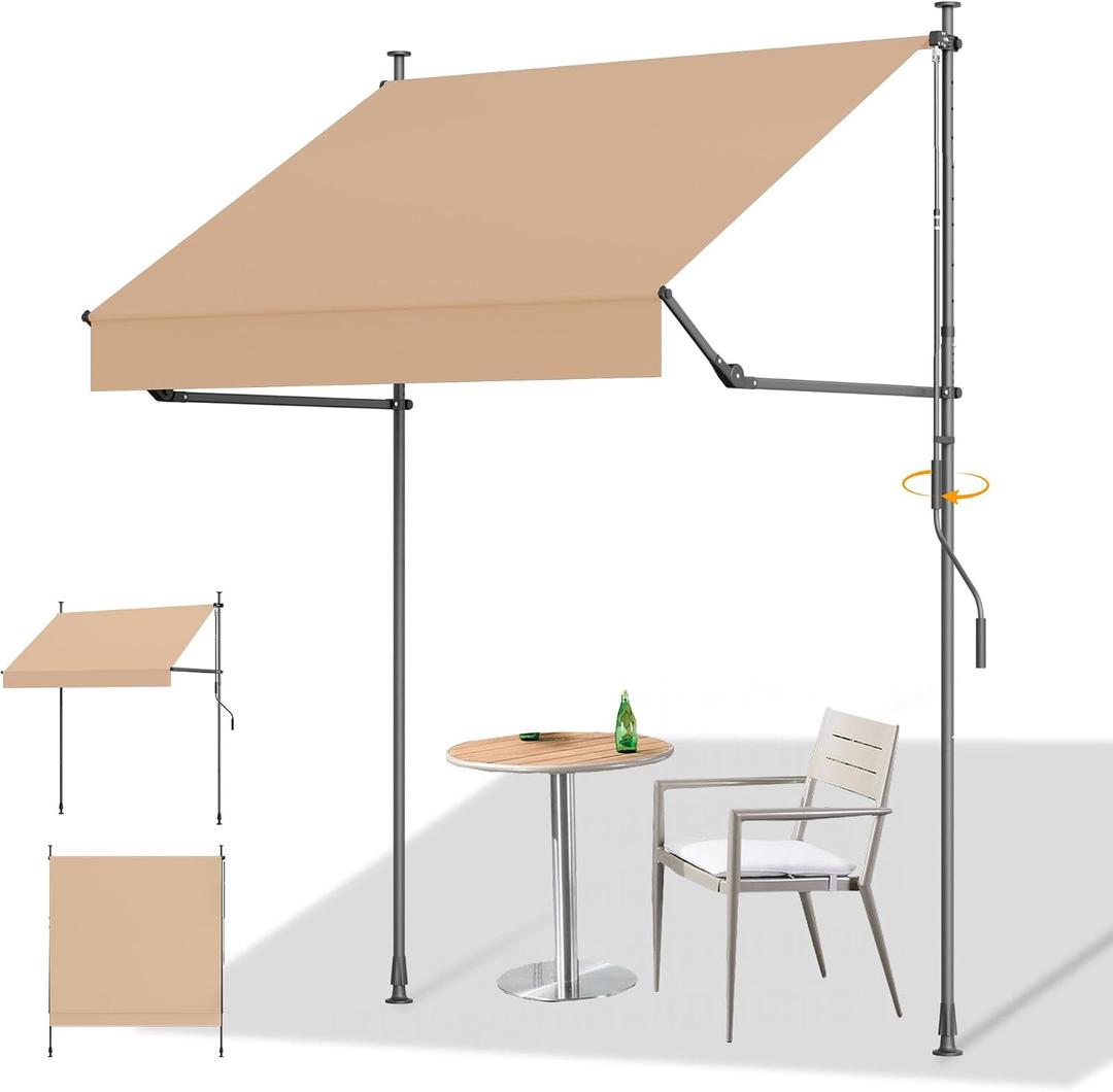 HOMEDEMO Manual Retractable Awning, 79" W x 118" H Foldable Side Bar 30-180, Outdoor Patio Awnings Height Adjustable 82-118", NO Drilling Awings for Backyard Garden Porch Outside Camel