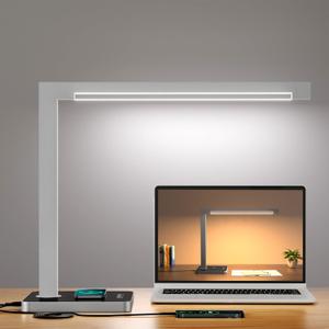 Aluminum LED Desk Lamp with Charging Station, 15W Smart Table Lamp with Type-C Ports & 4 Color Temperature Modes(3000K-6000K), Dimmable Reading Light for Home Office, Bedroom (Includes Adapter) (Silver)