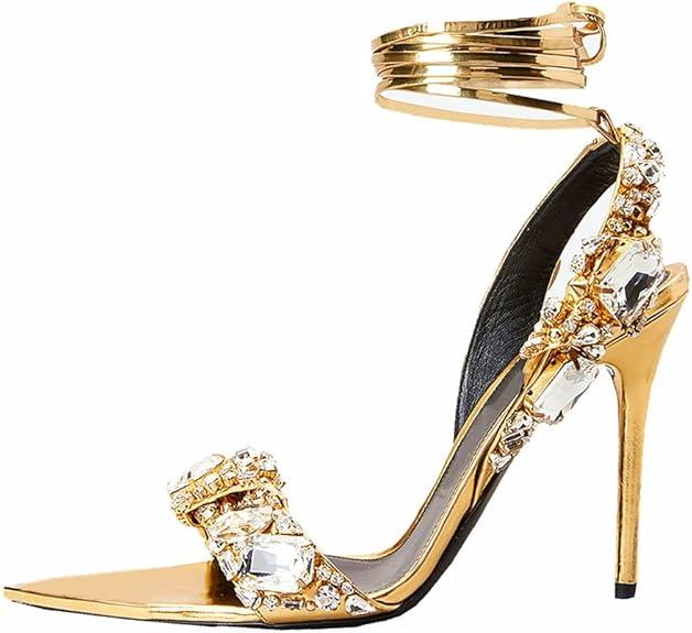 Kluolandi Women's Strappy Stiletto Heels with Crystal Lace Up Gladiator Sexy Open Toe High Heeled Sandals Gold Heels for Women, Size 9