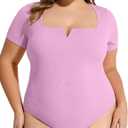 FOREYOND Plus Size Bodysuits for Women Short Sleeves Square Neck Body Suit Tops Casual Basic Slim Fit Shirts Leotards (Purple) 4XL