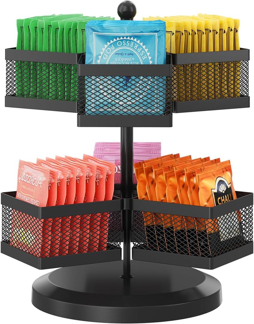 iDavosic.ly 2 Tier Tea Bag Organizer, Packet Storage Holder Spinning Carousel With 6 Compartments, Rotating Metal Caddy for Kitchen Counter Cabinet, Up to 72 Teabags Storage, Black