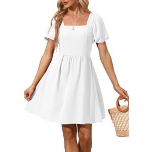 OFEEFAN Women Puff Sleeve Square Neck Tie in Back Dresses with Zipper (Medium)