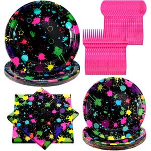 100 Pcs Glow Party Supplies Neon Party Plates Napkins Tableware Neon Glow Birthday Colorful Graffiti Party Decoration Favor for Glow Party Neon Party (Fluorescent Style)