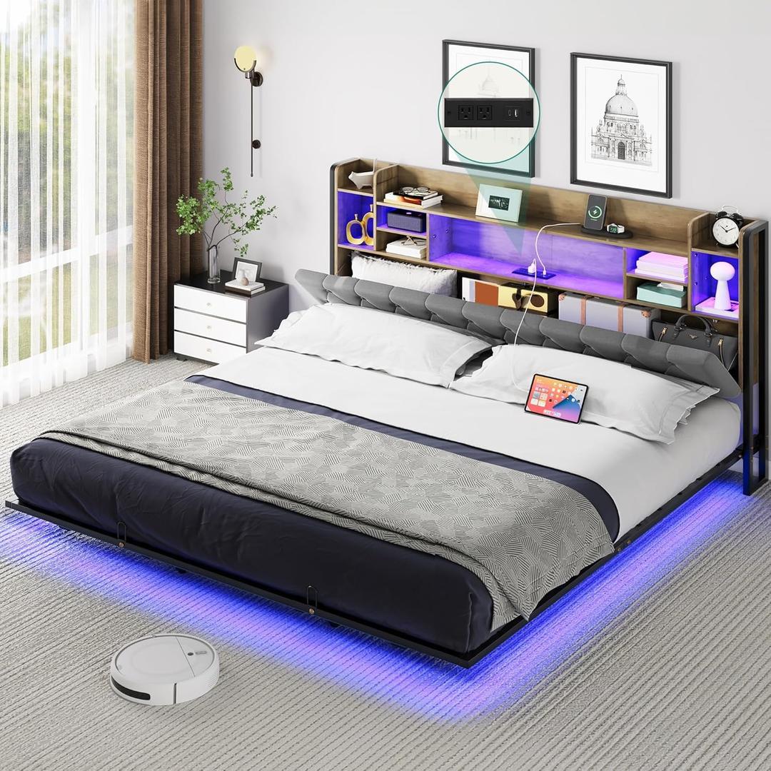 YITAHOME King Floating Bed Frame, Upholstered Platform Bed with RGB LED Lights, Headboard Storage, and Charging Station, No Box Spring Needed,Dark Gray