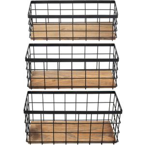 TIEYIPIN Farmhouse Decor Metal Wire Storage Baskets, Wood Base Containers Organizing Basket Caddy Bin for Kitchen Cabinets, Bathroom, Pantry, Garage, Laundry Room, Closets - Small - Black (Set of 3) (Black(Style 1)