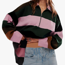Women's Oversized Quarter Zip Sweater Trendy Color Block Striped Y2K Pullover Cozy Loose Knit Fall Tops M