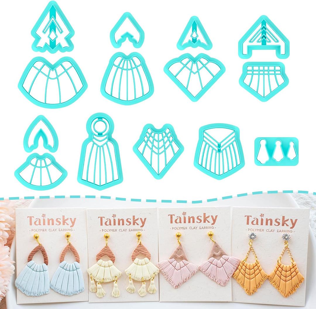 TAINSKY Macrame Polymer Clay Cutters, 14 Shapes Raffia Polymer Clay Cutters for Earrings Making, Tassels Polymer Clay Cutters, Boho Macrame Clay Cutters for Polymer Clay Jewelry