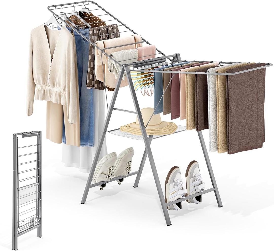 APEXCHASER Drying Rack Clothing, Clothes Drying Rack Foldable, Metal Laundry Drying Rack Collapsible for Sweater Towel Indoor & Outdoor, Height Adjustable Gullwing Clothes Airer, Grey, Large