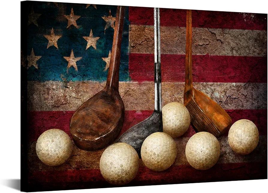 LevvArts Golf Canvas Wall Art Vintage Golf Ball with American Flag Painting Artwork Leisure Sports Poster Canvas Prints for Living Room Home Office Club Decoration Easy Hanging, 36"L x 24"W