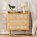 Rattan Night Stand with Charging Station, End Tables with 3 Drawer Dresser, Boho Bedside Table, Mid Century Modern Nightstand, RuralCabinet for Farmhouse Bedroom Living Room Sofa Couch Office Corner