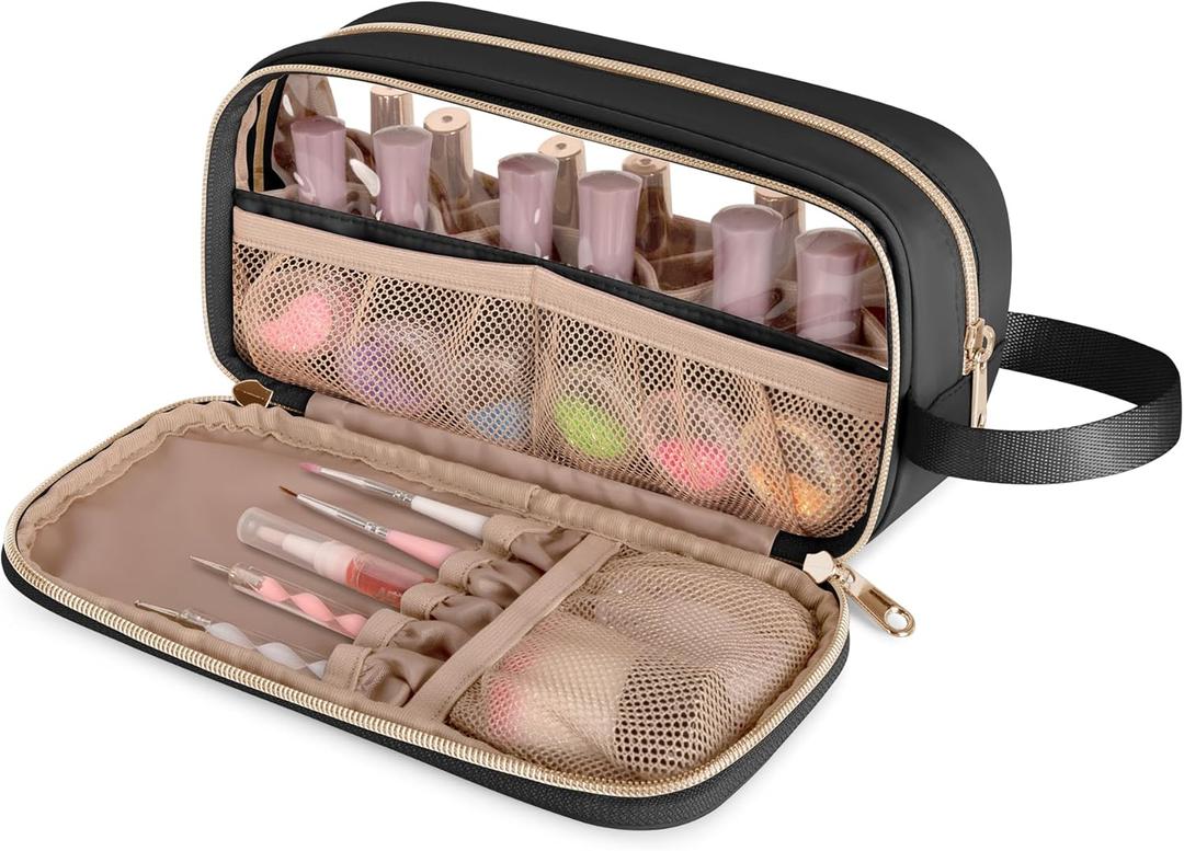 Nail Polish Organizer Case Fits 12 Bottles (15ml), Nail Polish Supplies Storage Bag with Clear Window, Black