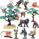 THINKBAY 16PCS Apes & Monkey and Tree Toys, Mini Animal Figurines Toys for Kids Include Orangutan, Tamarin, Lemur, Chimpanzee, Squirrel, for School Projects, Valentine's Day Gifts for Kids