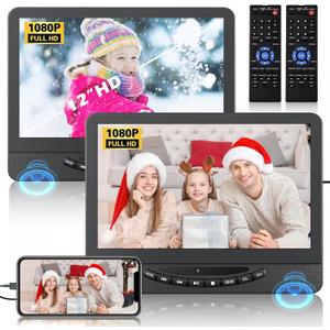 Portable Car DVD Player with Dual Screens - 12 Inch Full HD Headrest Monitors for Long Road Trips, Keep Kids Entertained with Separate Movie Playback