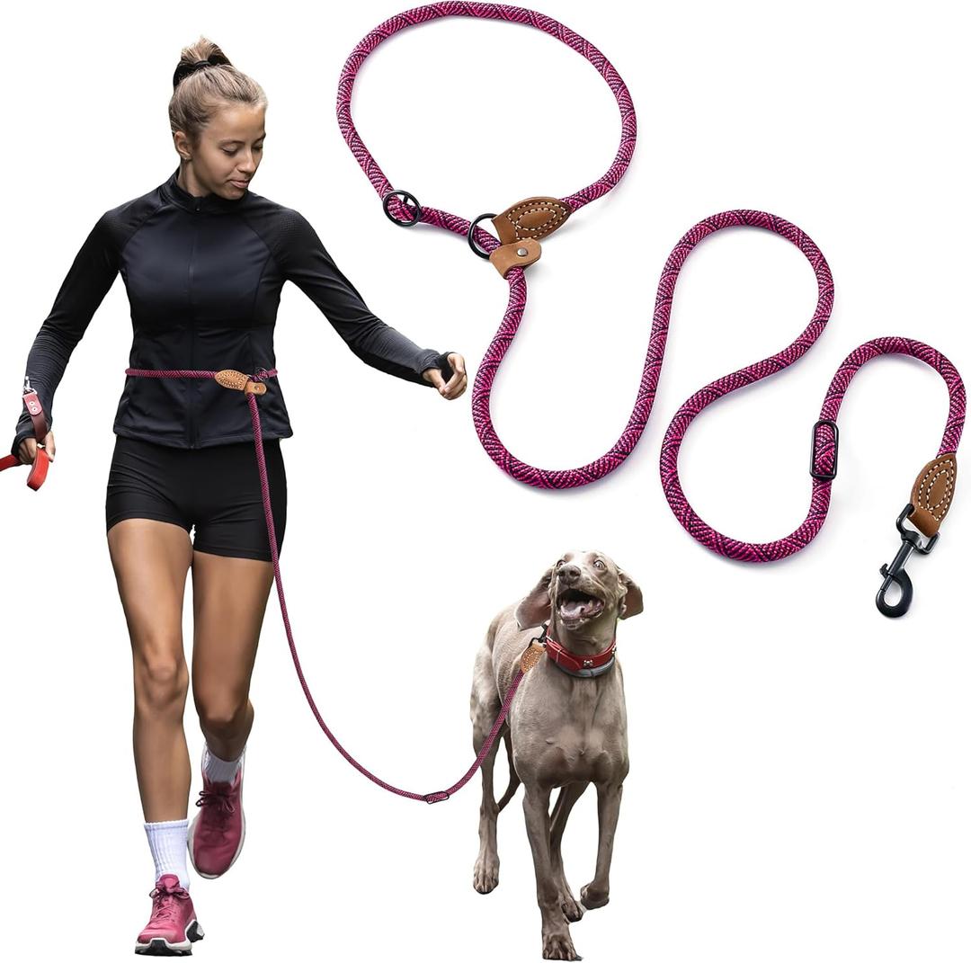 Mile High Life Hands Free Dog Leash, Crossbody Waist Leash with Genuine Leather Connection, Multifunctional Adjustable Slip Lead for Dog Walking Running (Hot Pink, 8FT)