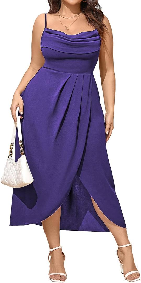 SCOMCHIC Women's Plus Size Dress Sleeveless Spaghetti Strap Cowl Neck Wrap Party Cocktail Cami Dress (3X-Large Plus, Purple)