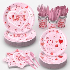 112 Pcs Valentine's Day Party Tableware, Hot Heart Love Disposable Paper Party Plates and Cups and Napkins Sets Serves 16 for Wedding, Gatherings, Engagements, Anniversary Party Supplies(Pink)
