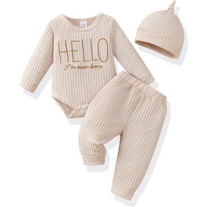 Renotemy Newborn Baby Boy Fall Clothes, Long Sleeve Letter Printed Rompers Plaid Pants Hat Outfits Clothing Set 0-18 Months, 12-18M